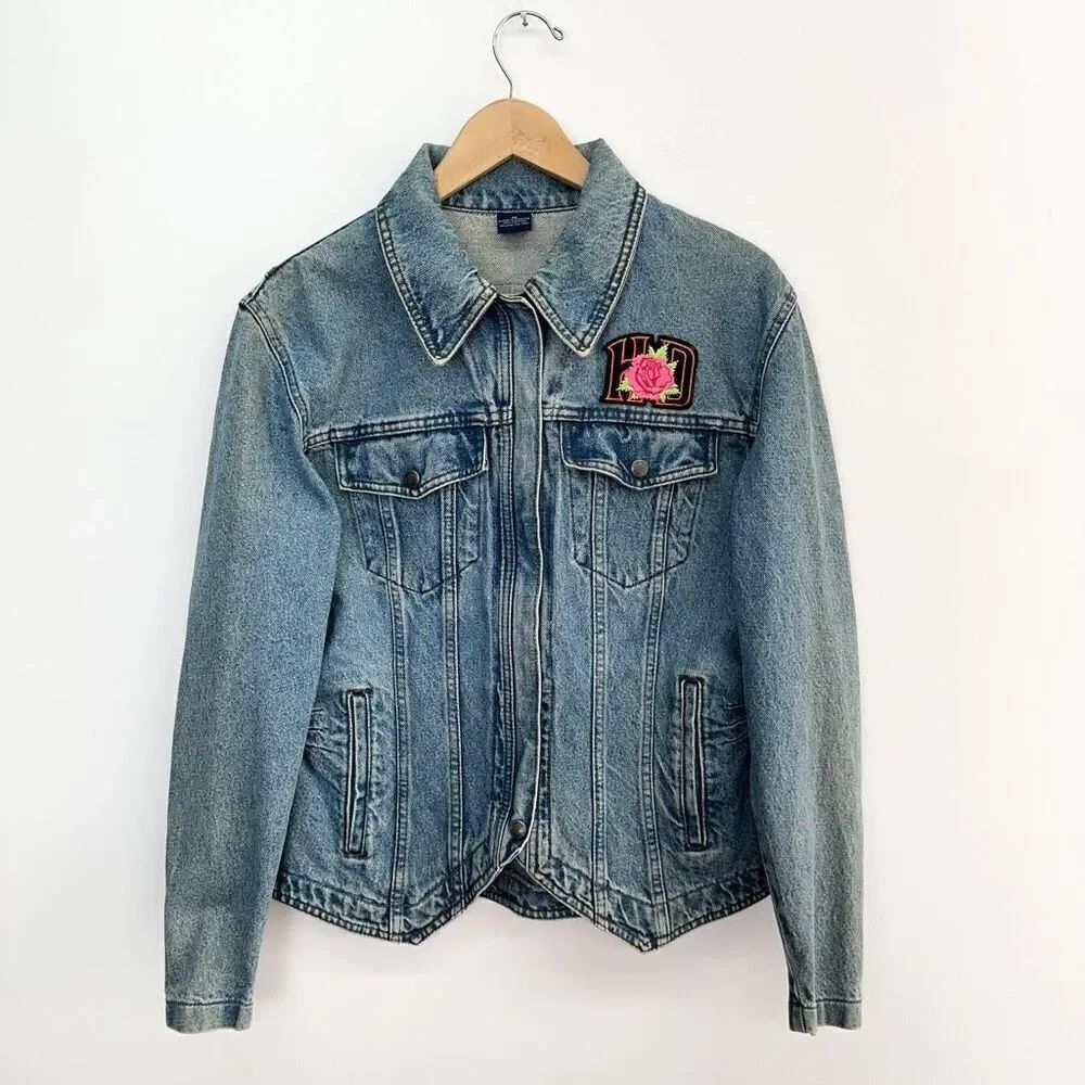 Harley Davidson Biker Blues Women’s Vintage Embroidered Patches Zip Jean Jacket